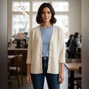 Talbots Cream 100% Merino Wool Thick Cardigan Cuffed Sleeves Sz Medium BNWT